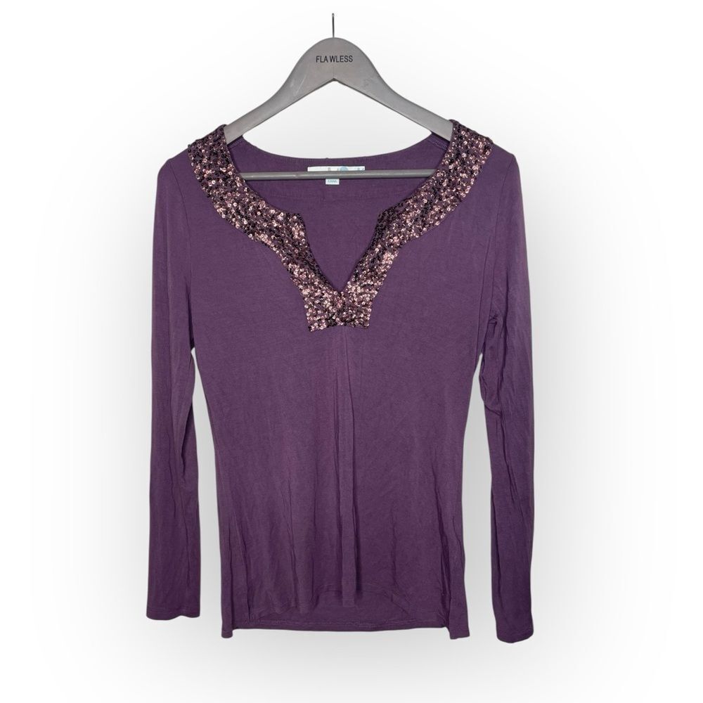 Boden Sequin Notch Neckline Plum Long Sleeve Top Size 6 US